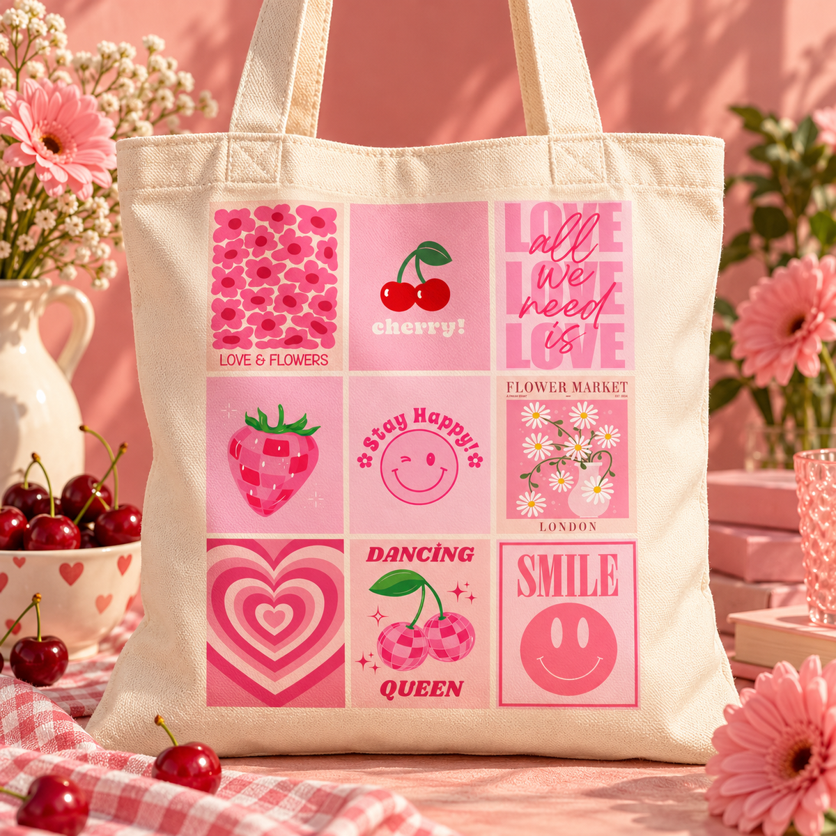 Dreamy Pink Cherry Tote Still Life