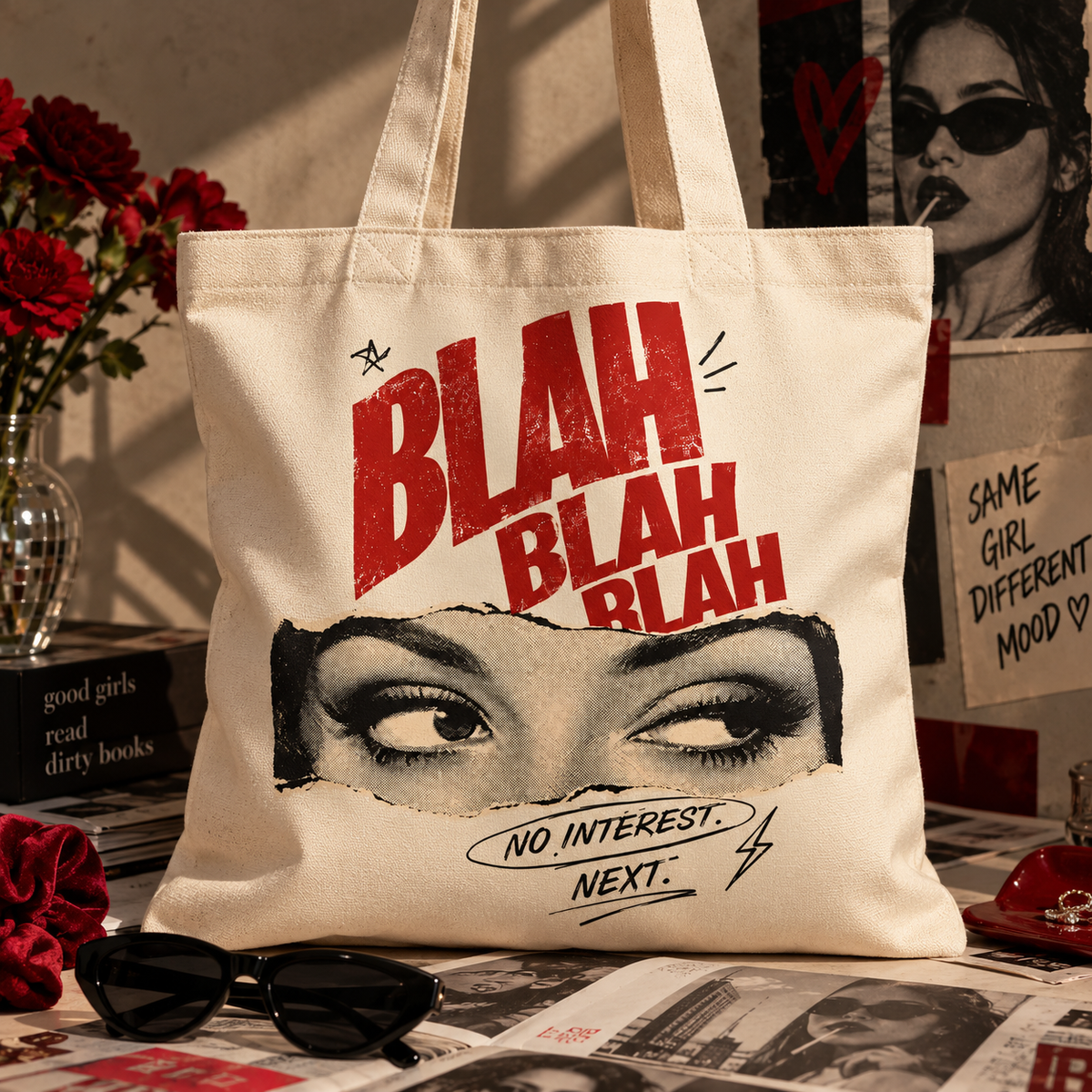Retro Grunge BLAH Canvas Tote Flat Lay