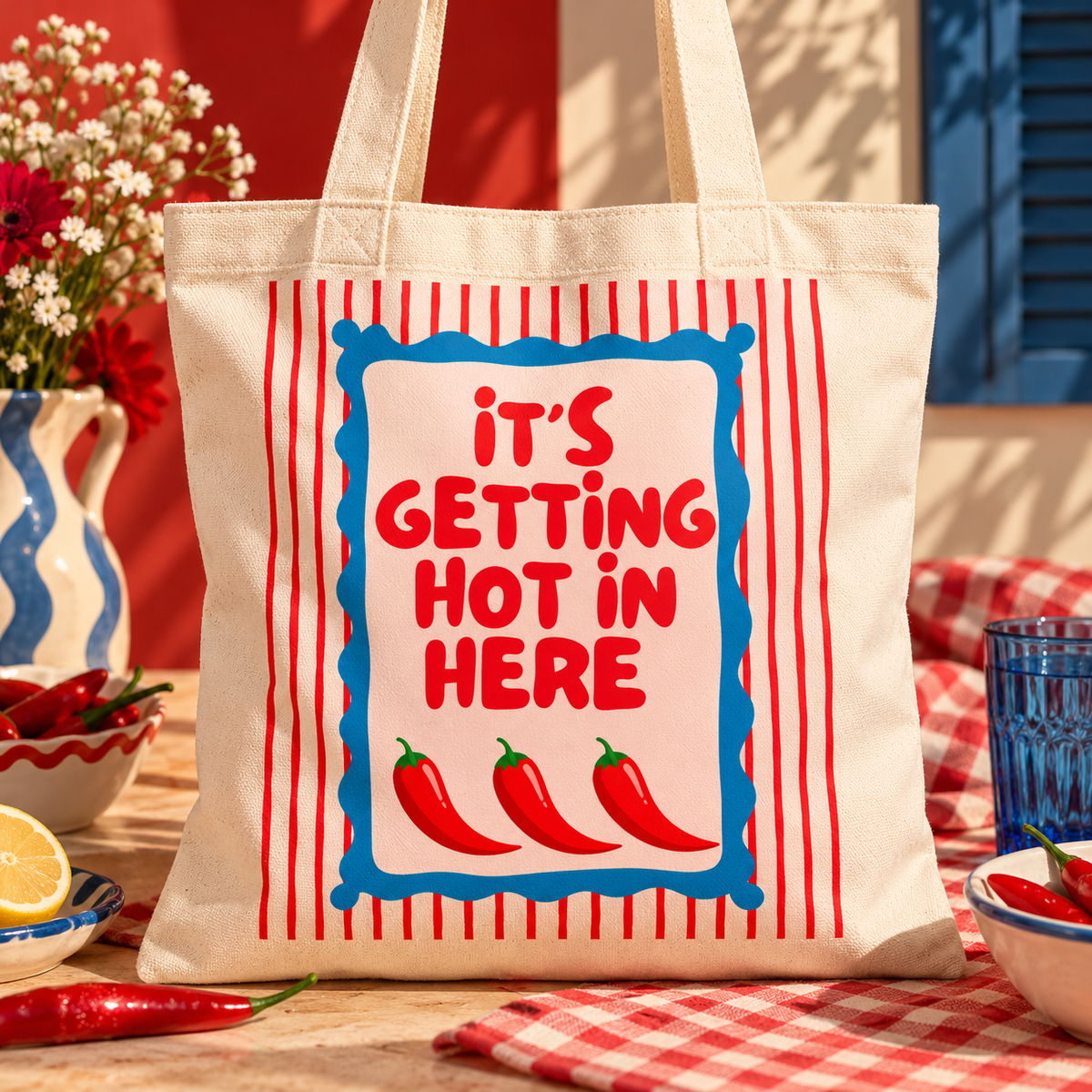 Retro Chili-Themed Tote Still Life